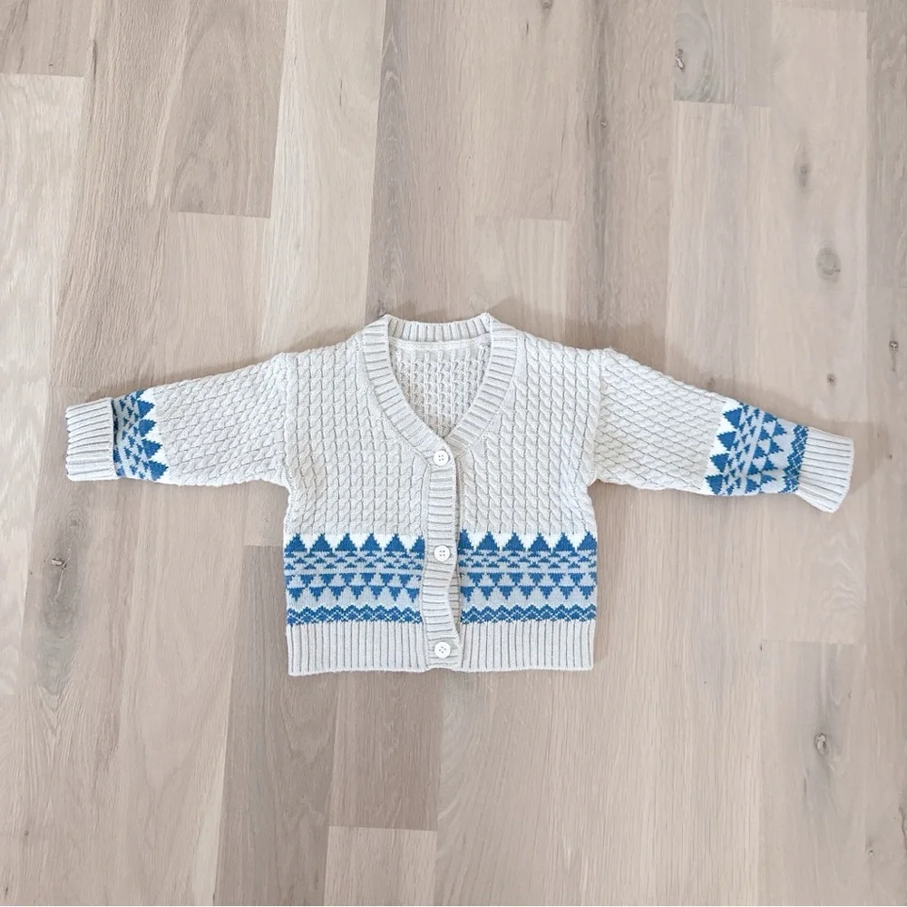 Hand-knit toddler/baby wool fair isle holiday cardigan and cotton plaid shorts